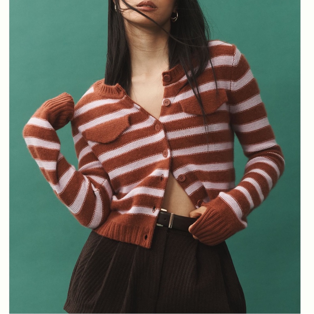 Anthropologie Cashmere Sweater Collared Button Cropped Cardigan XXS Striped New